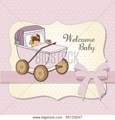 Baby Girl Shower Card With Retro Strolller
