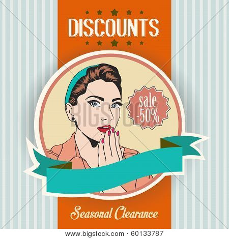 Retro Illustration Of A Beautiful Woman And Discounts Message