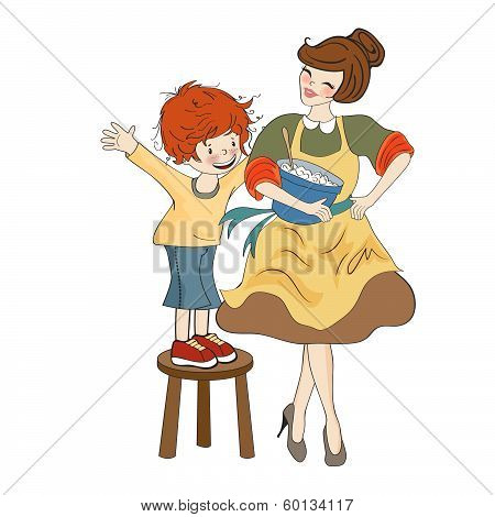 Funny Boy And His Mother Isolated On White Backdround