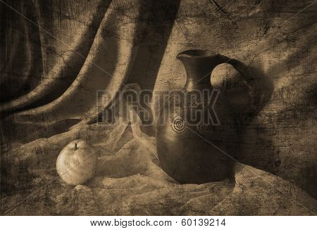 Still life with a jug and Pears in the old Armenian style in sepia