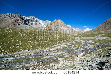 Landscape of mountain river in Tien Shan