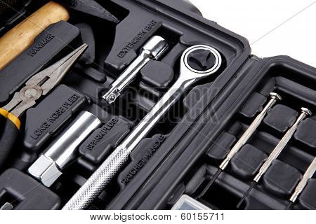 toolbox set of tools include hammer wrench bit driver pliers hex key bush level hex key