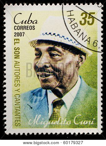 CUBA - CIRCA 2007: A stamp printed in cuba dedicated to authors and singers of Cuban son, shows Miguelito Cuni, circa 2007 