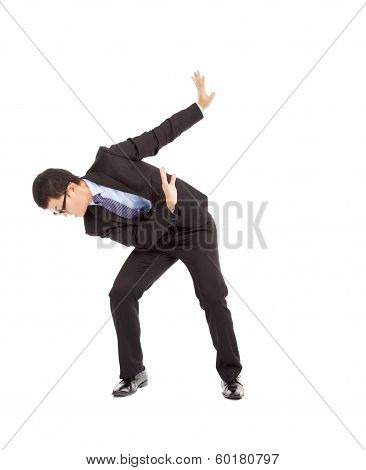 Terrified Businessman Raised Hands To Stop Something