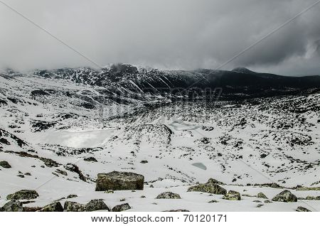 Snowy mountain pond
