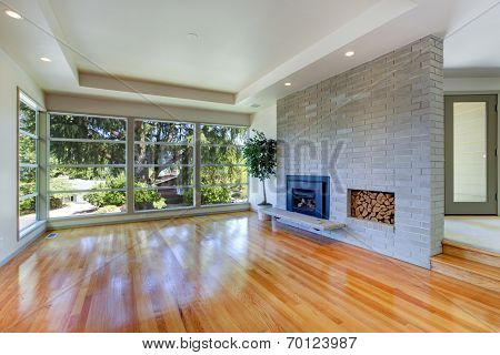 Empty House Interior. Living Room With Glass Wall And Brick Wall
