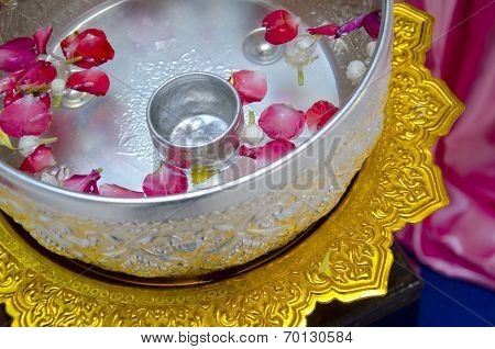Silver Water Bowl On Gold Tray