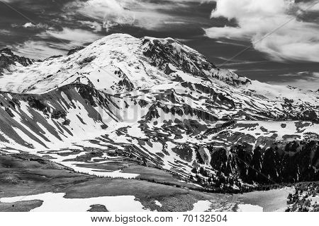 Black and white image of the north face of Mt. Rainier as seen from the Mt. Freemont Trail