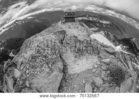 Black and white image of the Mt. Freemont Lookout in Mt. Rainier National Park, Washington