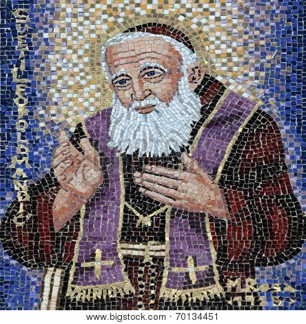 HERCEG NOVI, MONTENEGRO - JUNE 07: Mosaic with St Leopold Mandic on the facade of the church of St. Leopold Mandic in Herceg Novi, Montenegro, on June 07, 2012