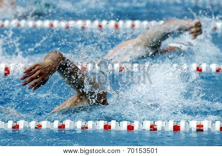 Male swimmer swimming crawl in a competition swim pool