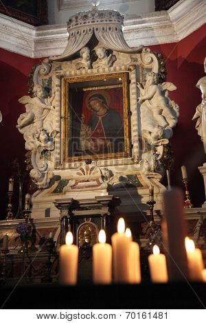 PERAST, MONTENEGRO - JUNE 08: Altar in Church of Our Lady of the Rocks, Perast, Montenegro, on June 08, 2012