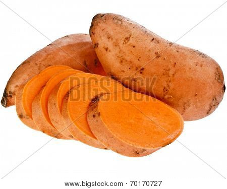 Sweet potatoes with slices isolated on white background