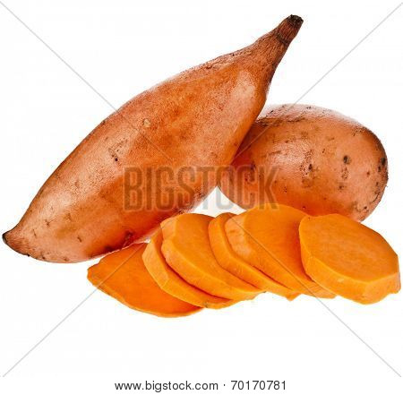 Sweet potatoes with slices isolated on white background