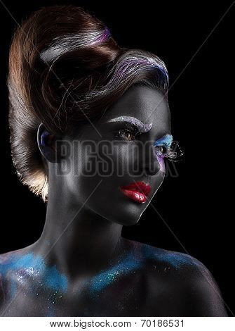 Body-painting. Fantasy. Woman With Fantastic Stagy Makeup Over Black