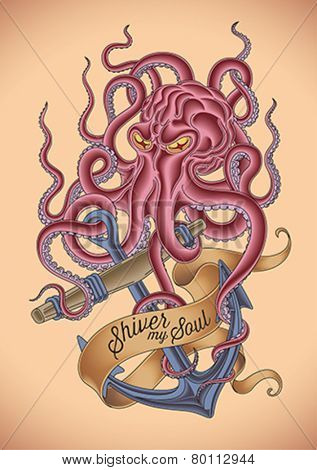 Old-school tattoo of an octopus tied around the sinking anchor. Editable vector illustration.
