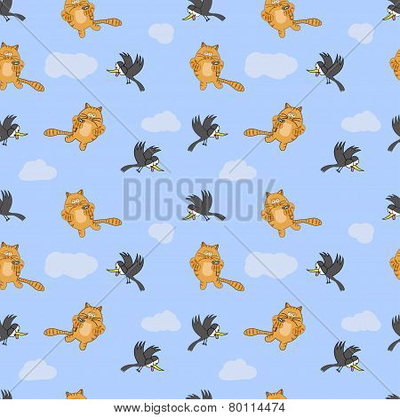 Seamless pattern with cat, mouse and crow