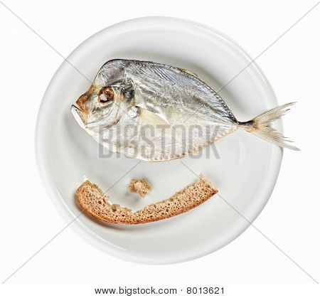 Moonfish salata con crosta di pane sulla piastra bianca