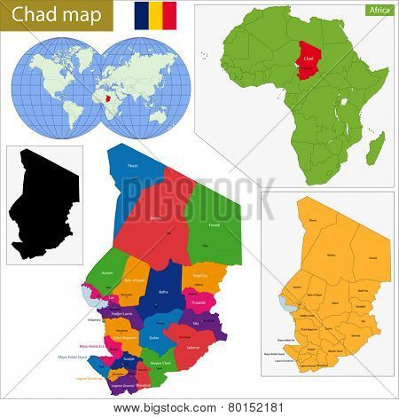 Chad map with high detail and accuracy and it is divided into provinces which are colored with different bright colors