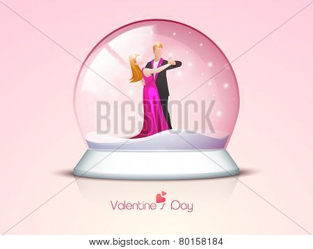 Cute romantic couple dancing in a snow dome for Happy Valentine's Day celebration on glossy pink background.