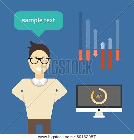 Flat vector illustration. Young businessman with presentation graphs