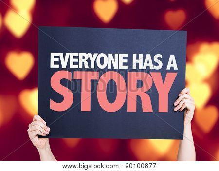 Everyone Has a Story card with heart bokeh background