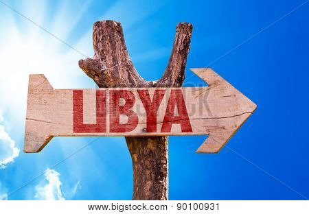 Libya wooden sign with sky background