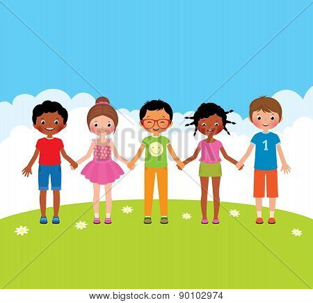 Group Of Happy Children Boys And Girls Holding Hands