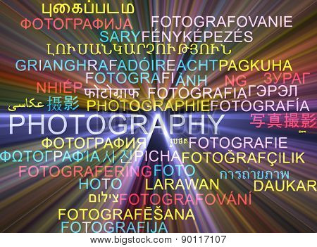 Background concept wordcloud multilanguage international many language illustration of photography glowing light