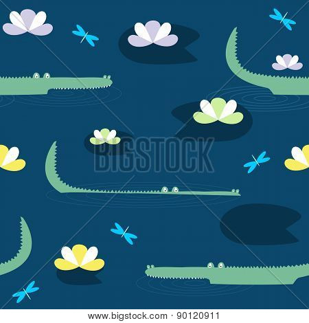 Vector cute seamless pattern with hand drawn crocodiles