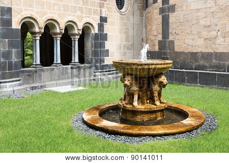 Fountain At Courtyard Medieval Benedictine Abbey In Maria Laach, Germany
