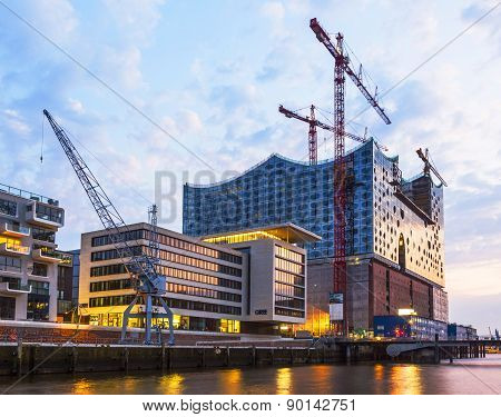 Construction Site Of The New Elbphilharmonic Building In The Harbor City