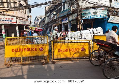 Road Barriers Of Delhi Police Stands Around The Old Part Of The Town