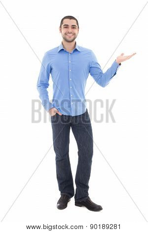 Young Arabic Business Man In Blue Shirt Pointing At Something Isolated On White