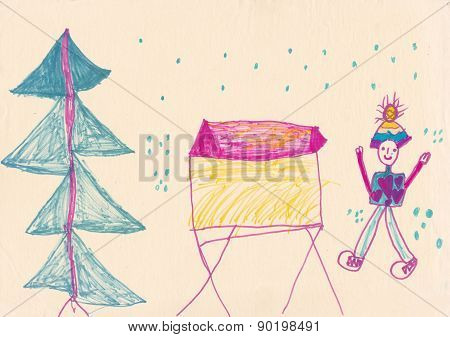 Winter Dressed Girl By The Hay Rack (original Child Scanned Picture)