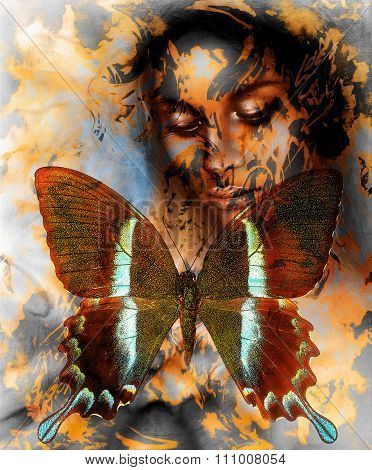 Beautiful Goddness women and color butterfly, mixed media, abstract color background, Golden effect.