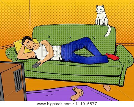 Man lying on couch watching TV comic book style