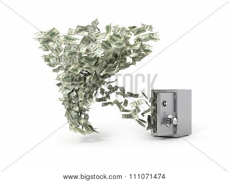 Money Whirlwind Take Dollar Banknotes From The Safe. Concept Of Loosing Capital