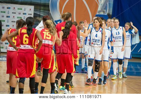 MOSCOW -- DECEMBER 4, 2014:  Some players on the International Europe bascketball league match Dynamo Moscow vs Maccabi Ashdod Israel in sport palace Krilatskoe, Moscow, Russia. Dynamo loss 59:67