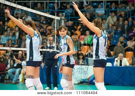 MOSCOW RUSSIA - DECEMBER 2, 2015: Unidentified players in action during the game on women's Rissian volleyball Championship game Dynamo (MSC) vs Dynamo (KZN) at the Luzhniki stadium in Moscow Russia. Kazan won in serie 3: 2