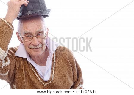 Cute grandpa makes greeting.