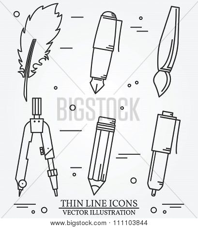Drawing Tools Thin Line Icon Set For Web And Mobile. Set Includes- Pair Of Compasses, Brash, Pencil,