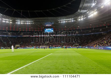 Interior View Of The Full Bayarena Stadium During The Uefa Champions League Game Between Bayer 04 Le
