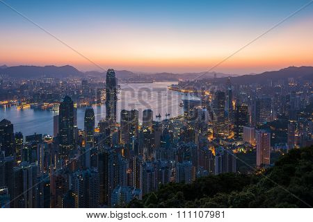 Sunrise over Victoria Harbor as viewed atop Victoria Peak