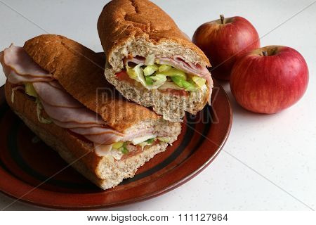 Sub sandwich cut in two on brown plate with apples.