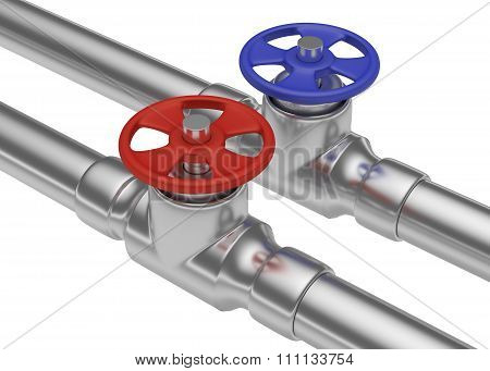 Red And Blue Valves On Steel Pipes Closeup