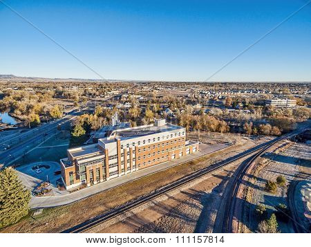 FORT COLLINS, CO, USA - NOVEMBER 15, 2015: Powerhouse Energy Campus of Colorado State University - aerial view at a new building completed in 2014 and historic Fort Collins Municipal Power Plant.