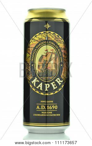 CIRCA OCTOBER 2015 - GDANSK:  Kaper lager beer isolated on white background