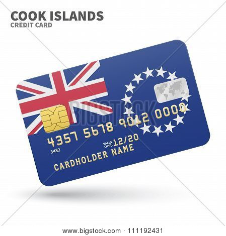 Credit card with Cook Islands flag background for bank, presentations and business. Isolated on whit
