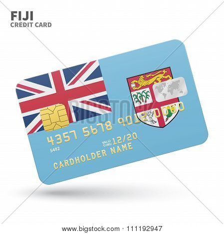 Credit card with Fiji flag background for bank, presentations and business. Isolated on white